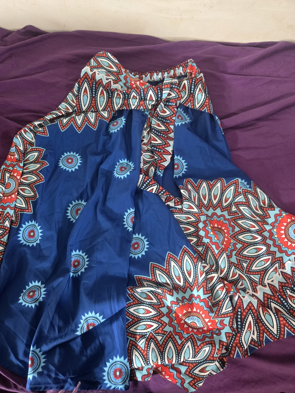 Bohemian Blue Maxi Skirt with Red & Turquoise Print